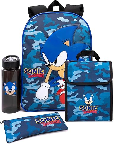 SONIC THE HEDGEHOG Boys Backpack | Kids Navy Camo School Rucksack Pencil Case, W