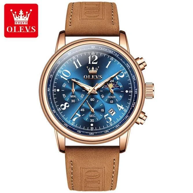 OLEVS Men's Classics Quartz Wrist Watch Leather Strap Waterproof 3-Eyes Calendar