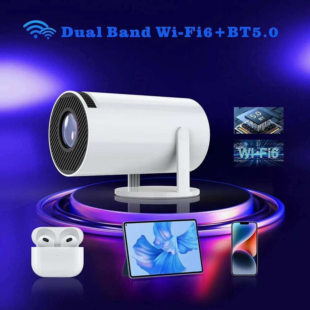 Mini Projector with WIFI 6 and Bluetooth, 4K 1080P Support 180° Rotation