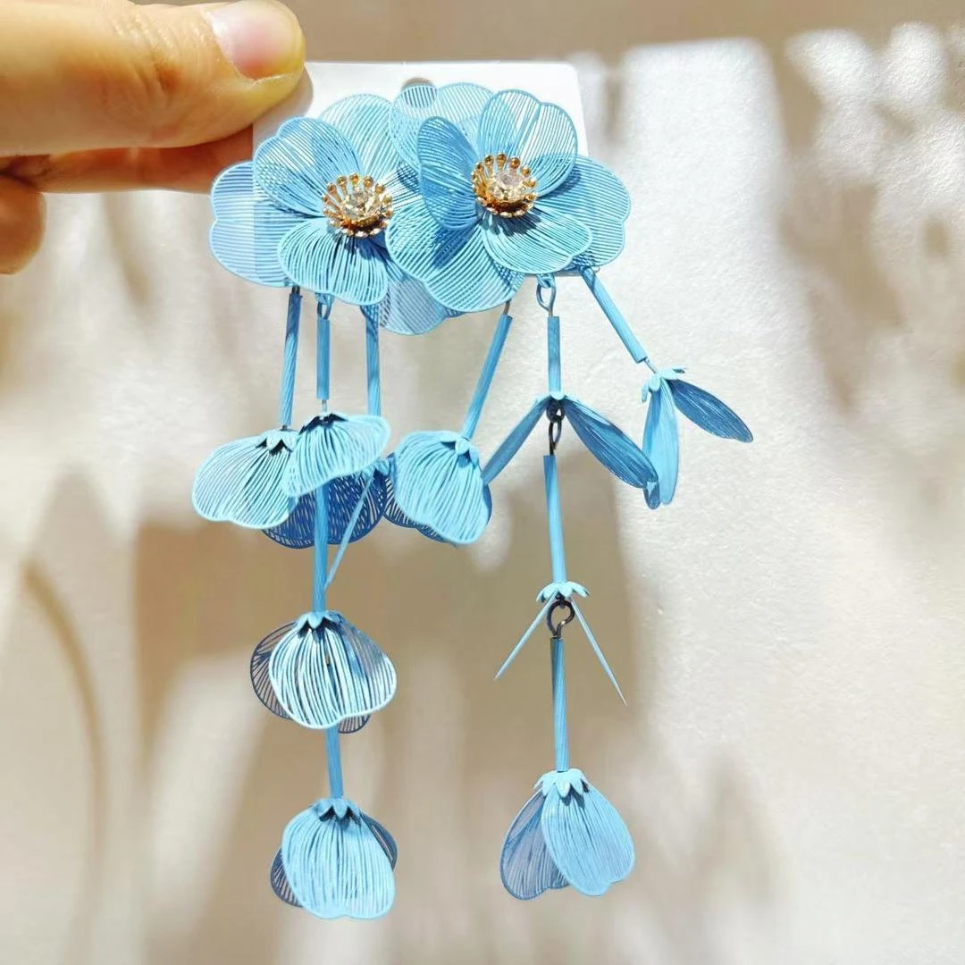 Blue Floral Tassel Earrings