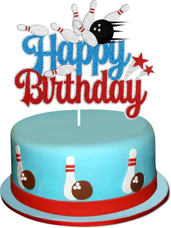 Bowling Happy Birthday Cake Topper - Sports Bowling Party Glitter Cake Topper Fo