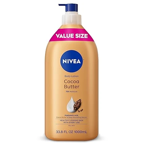 NIVEA Cocoa Butter Body Lotion for Dry Skin with Hyaluronic Acid, Cocoa Butter and Deep Nourishing Serum, 48-Hour Body Moisturizer, 33.8 Fl Oz Value Size Pump Bottle